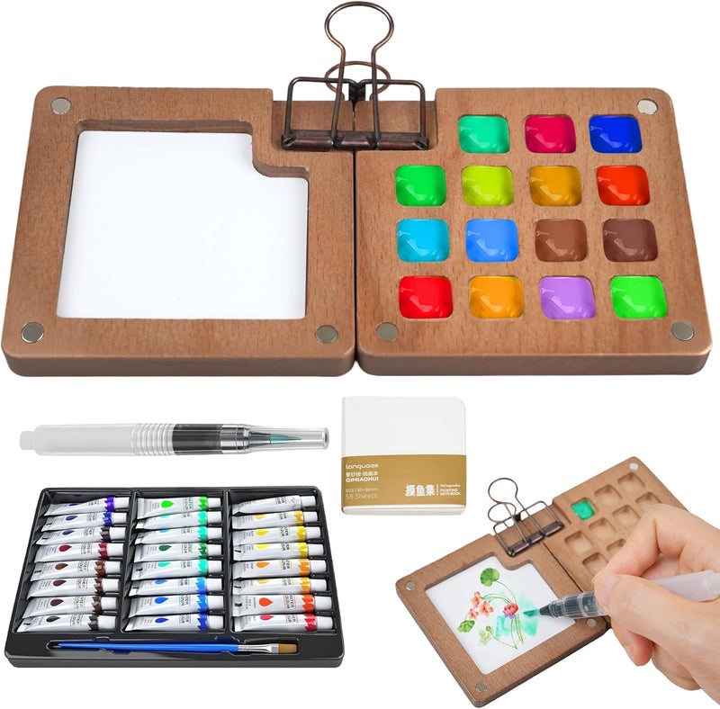 Gloxlite Mini Paint Palette Travel Kit,Mini Travel Watercolor Palette Set,Pocket Artist Acrylic colour Sets with Watercolor Pens,Binder Clips, Include 24 Colors Paint for Beginners Artists - Image 1